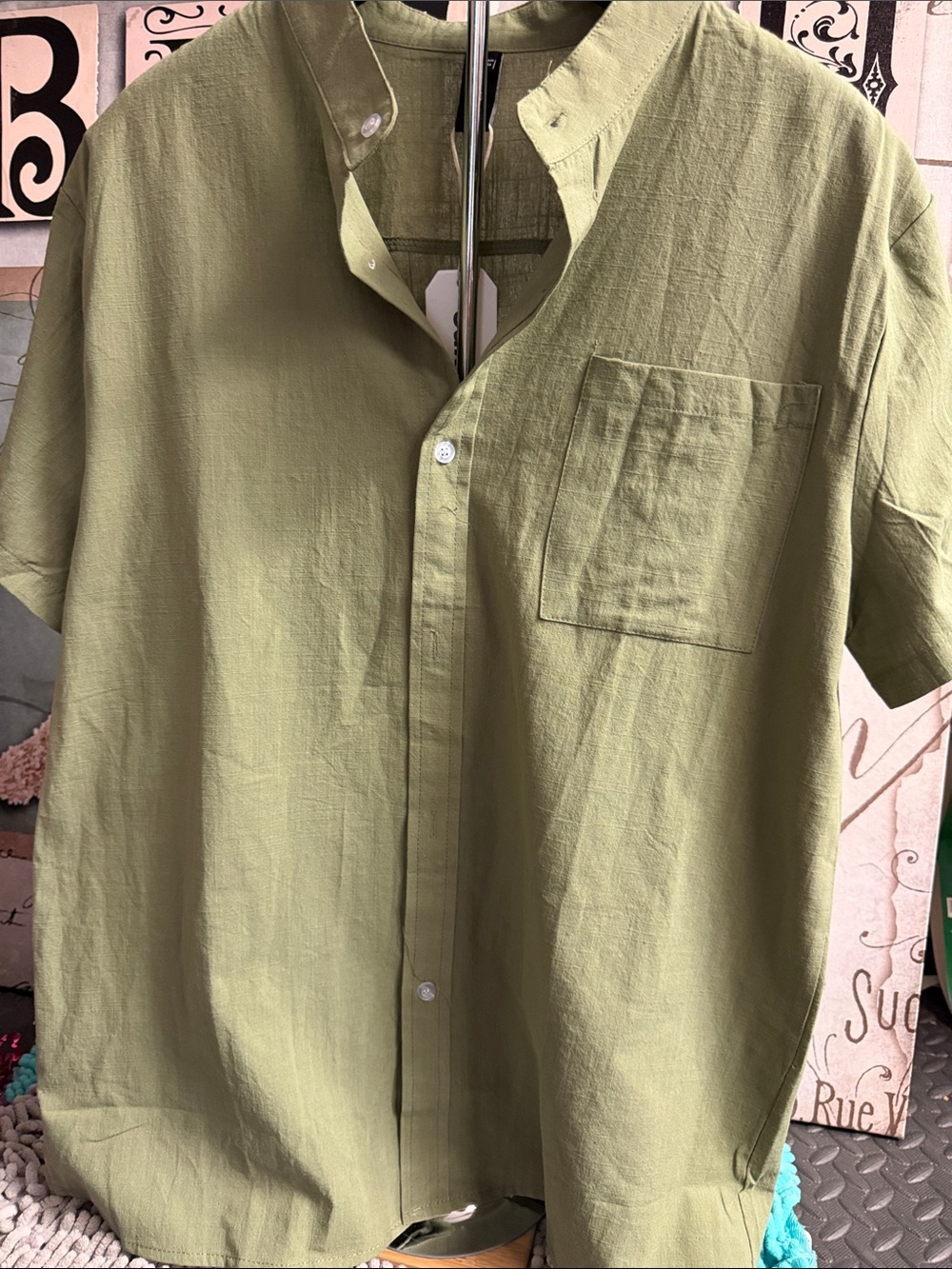 Ouku Olive Short-Sleeve Casual Button-Down Shirt. 🆕